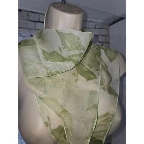 Womens Green Floral Sheer Square Neck Or Head Scarf - Picture 2 of 5
